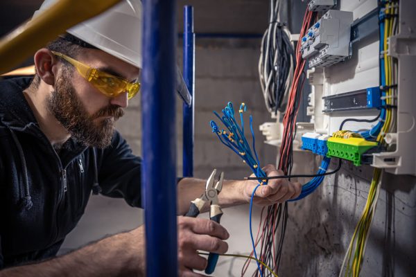 male-electrician-works-switchboard-with-electrical-connecting-cable